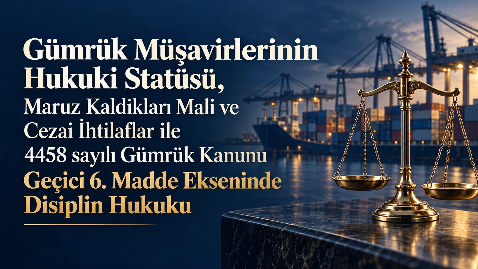 Gümrük müşavirlerinin hukuki statüsü ve disiplin hukuku başlıklı, konteyner limanı ve adalet terazisi görselli makale kapağı