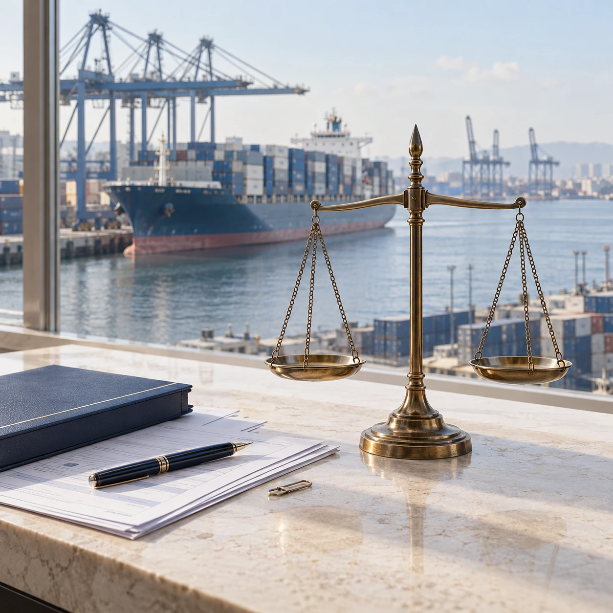 Hukuk terazisi ve işlem dosyalarının arkasında konteyner limanı ve yük gemisi